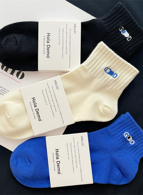 4双男士中短筒袜子纯棉吸汗透气船袜潮ins字母春夏男女白色运动袜