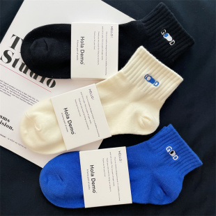 4双男士 中短筒袜子纯棉吸汗透气船袜潮ins字母春夏男女白色运动袜