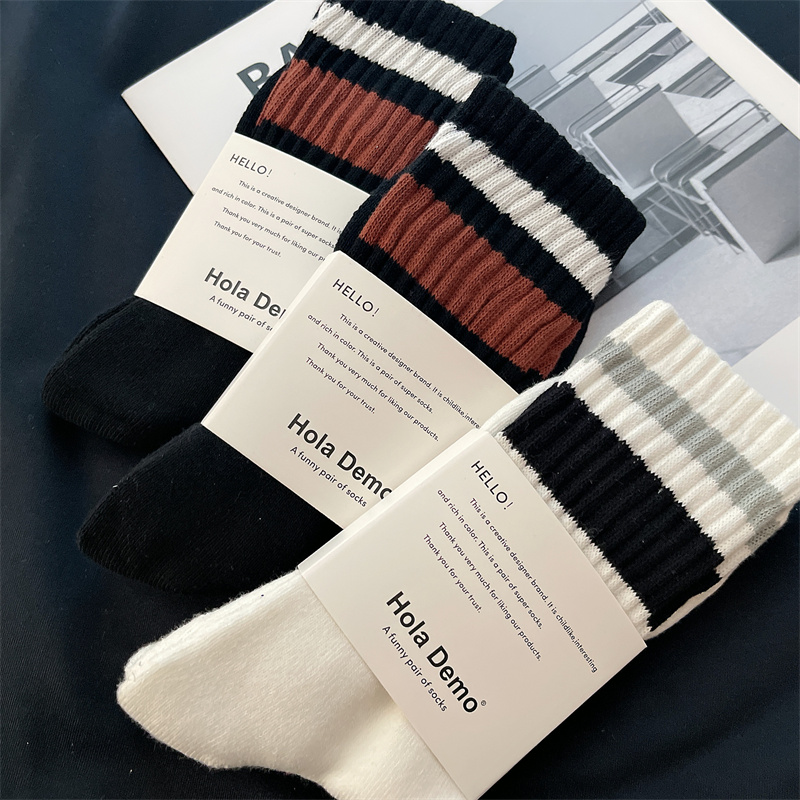 3双男女中长筒袜子纯棉韩系ins情侣条纹堆堆袜秋冬加厚毛圈长袜男