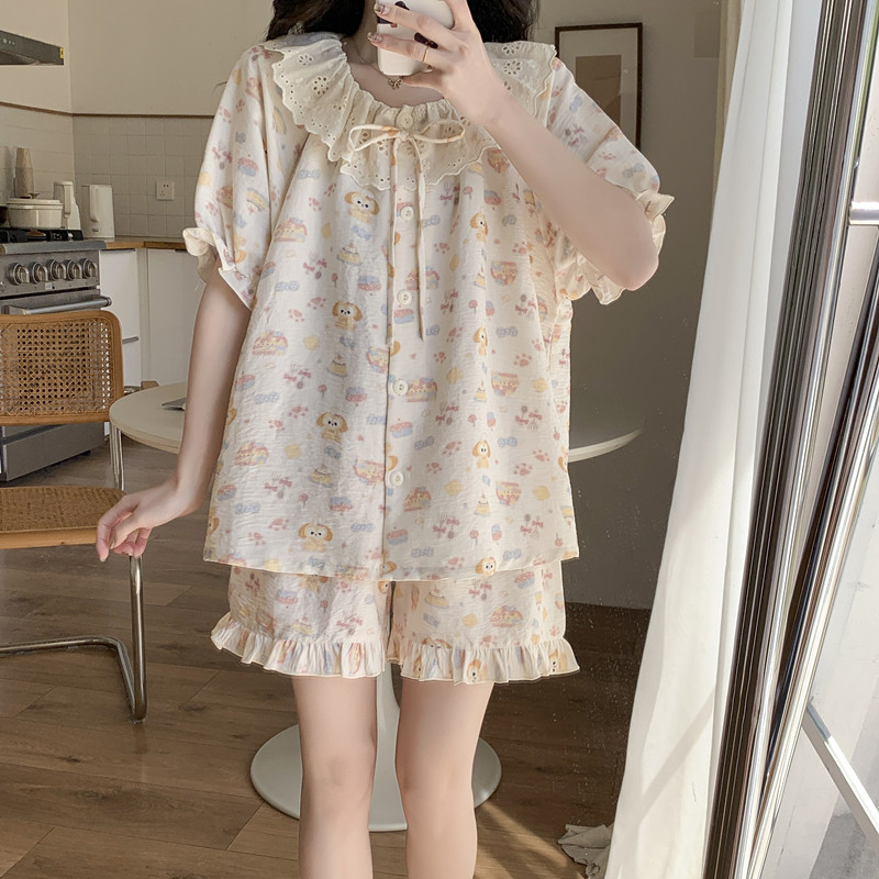 睡衣女夏季短袖云朵2026年新款可爱饼饼蕾丝边可外穿家居0703k