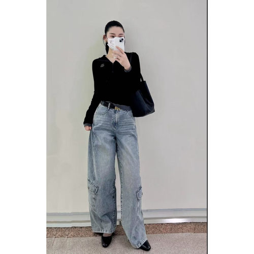 新款工装风高腰女阔腿牛仔裤