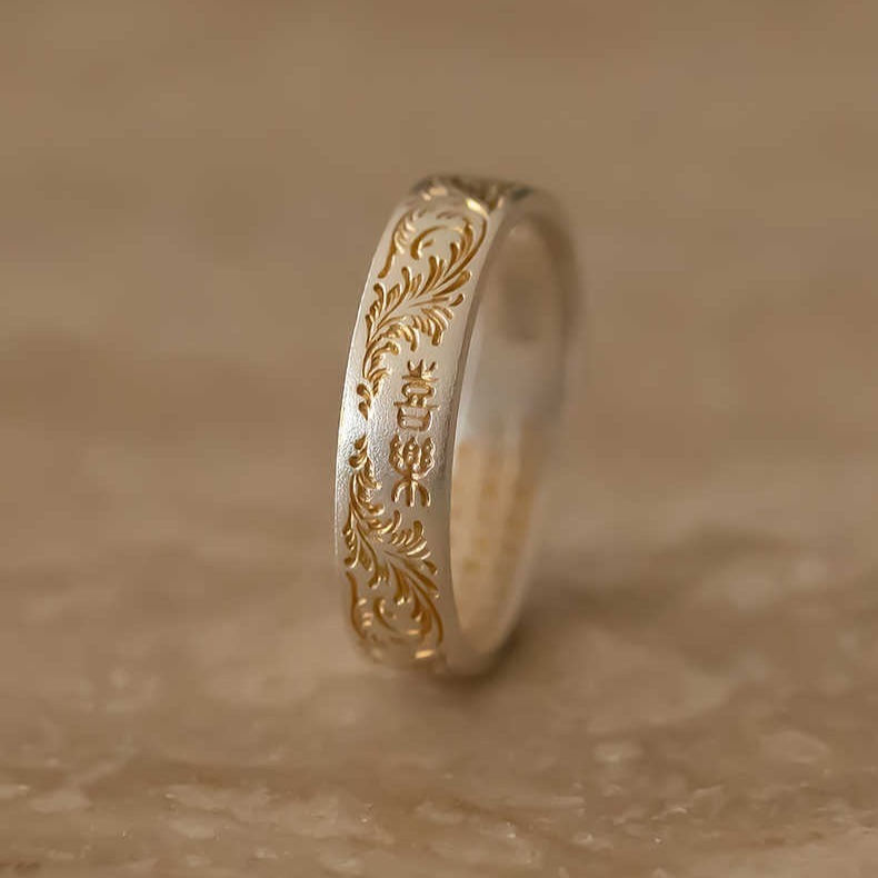 扳指男款大拇指纯银99唐草纹描金实心开口戒指环内壁心经复