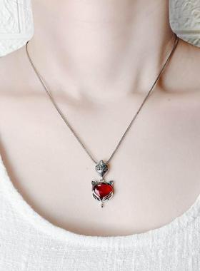 纯银狐狸吊坠女泰银镶红石榴石项链饰品小狐狸吊坠生日礼物