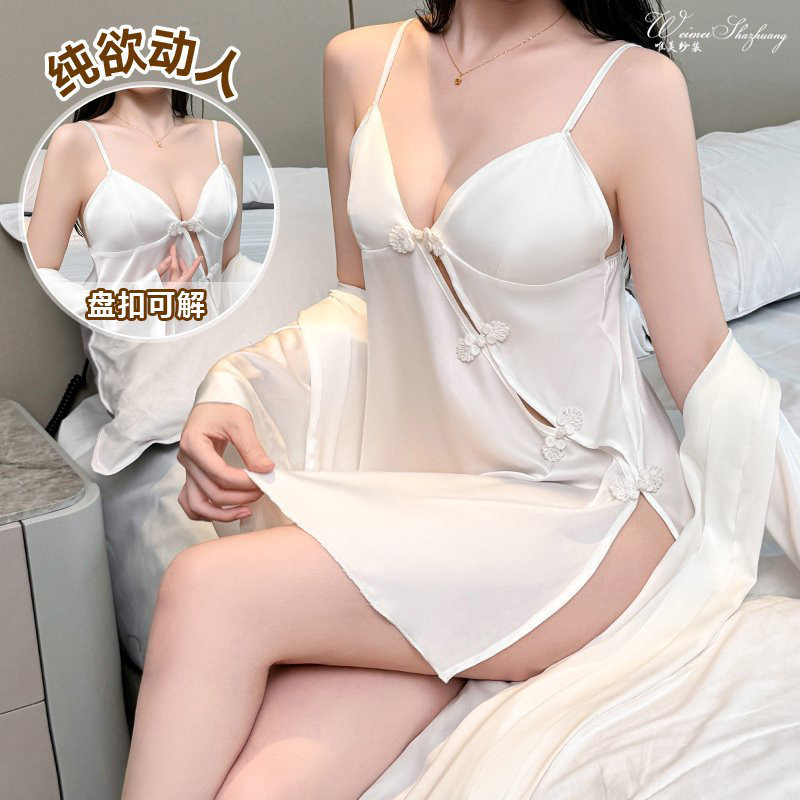 唯美纱性感内衣女 性感吊带睡裙复古盘扣可解前开 新中式纯欲睡裙