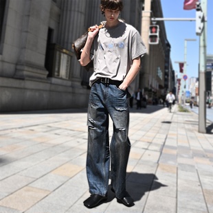 压皱工艺 复古做旧水洗刀割破洞宽松直筒微喇牛仔裤 CHANSUER 夏季