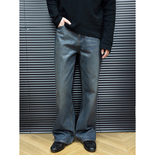 CHANSOAR 日本冈山复古水洗蓝美式蓝宽松直筒微喇竹节牛仔裤男