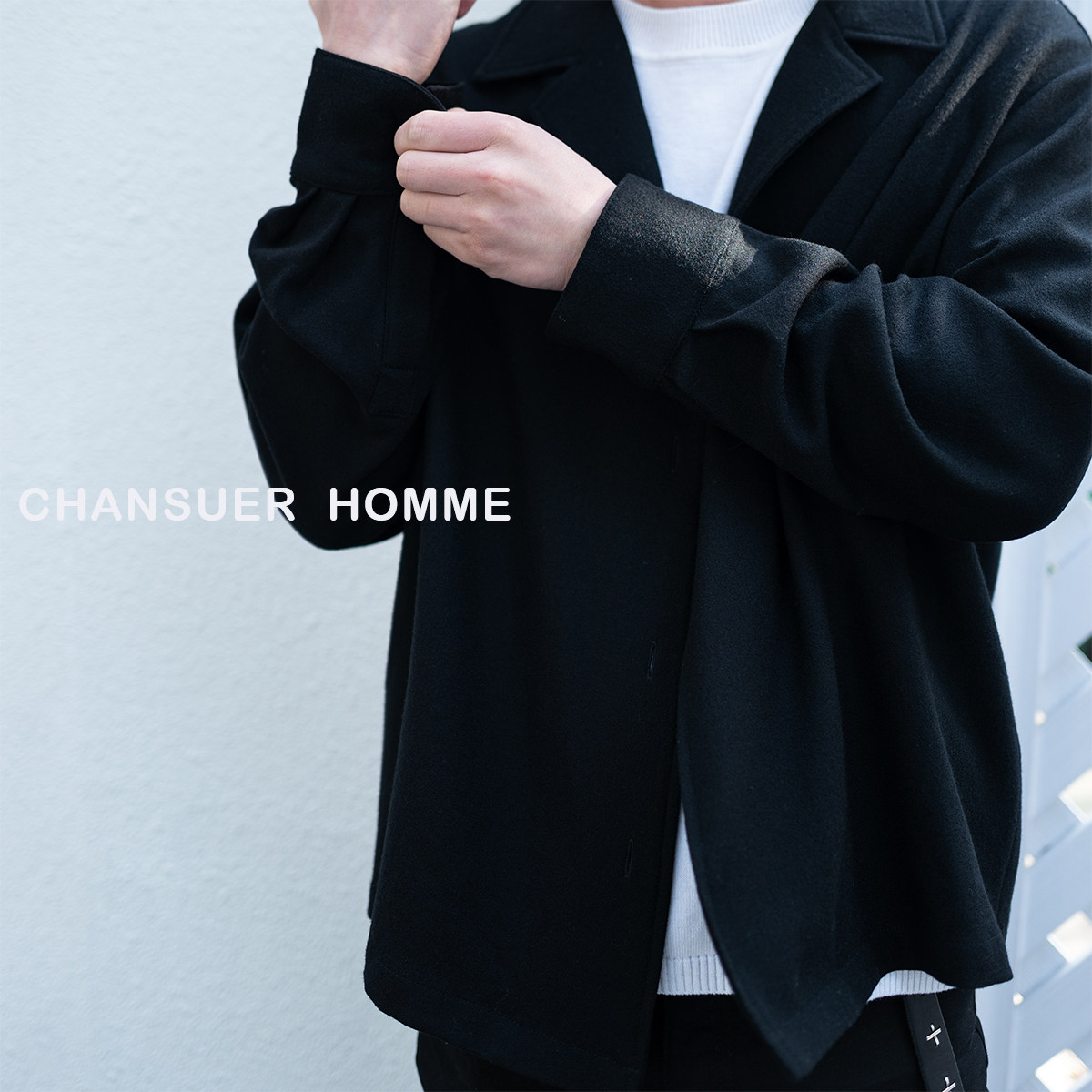 CHANSUER 【福利款】澳洲羊毛老钱宽松外套黑色古巴领长袖衬衫男
