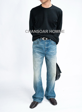 CHANSOAR 美国CONE复古水洗湖水蓝纯手工猫须直筒微喇牛仔长裤