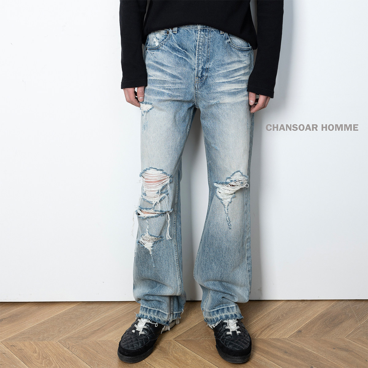 CHANSOAR 日本冈山复古冰蓝内华达水洗刀割做旧宽松直筒牛仔裤男