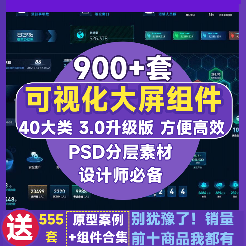 数据大屏UI设计 可视化大屏组件边框平台数据科技界面PSD素材文件