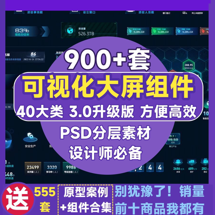 数据大屏UI设计 可视化大屏组件边框平台数据科技界面PSD素材文件