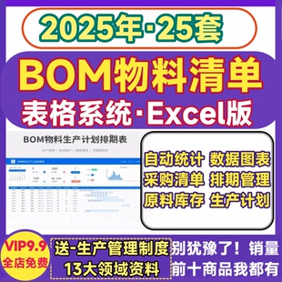 BOM物料清单表系统采购出入库生产计划排期明细自动统计excel模板