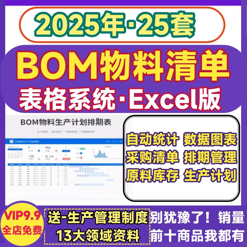 BOM物料清单表系统采购出入库生产计划排期明细自动统计excel模板
