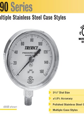 美国TRERICE 690 高精密压力表不锈钢外壳铜机芯