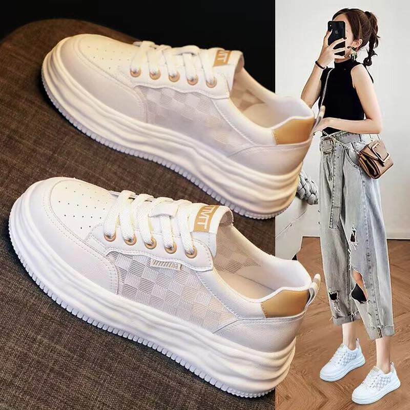 香港内增高小白鞋女2025夏季薄款单网透气配裙子轻便软底5cm板鞋