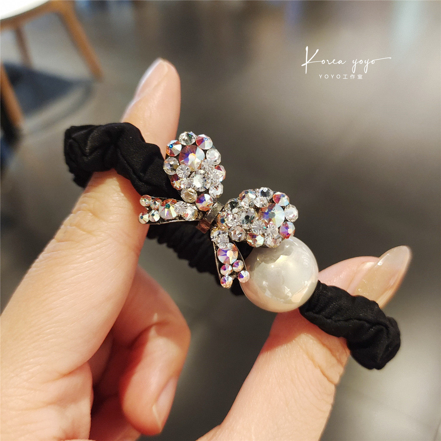 新款蝴蝶结珍珠粗发圈头绳气质时尚镶钻扎丸子头马尾皮筋发饰发绳