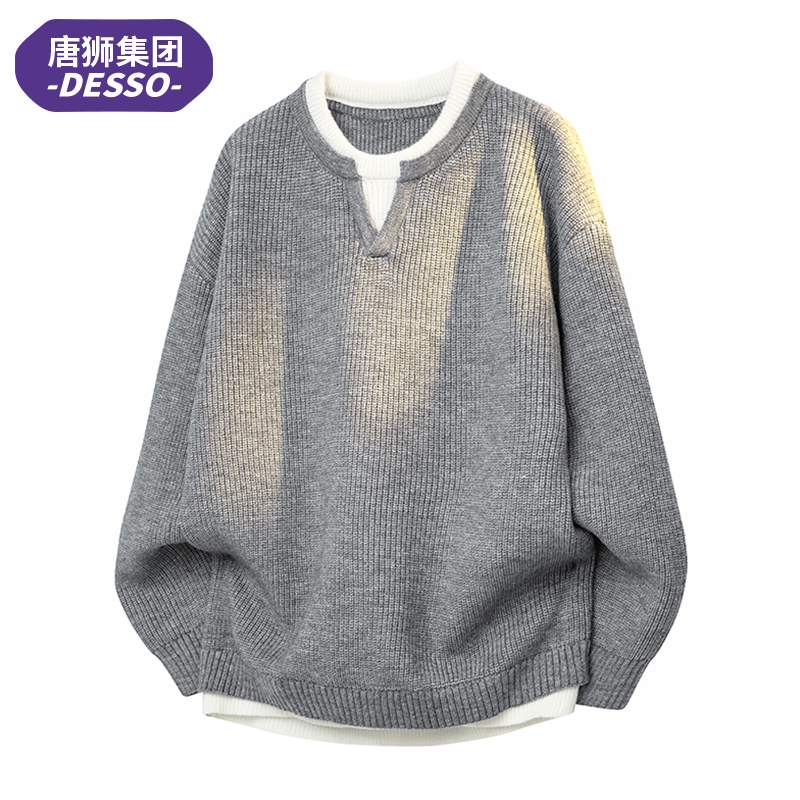 唐狮集团Desso假两件毛衣男士秋冬设计感高级轻奢针织衫外套百搭