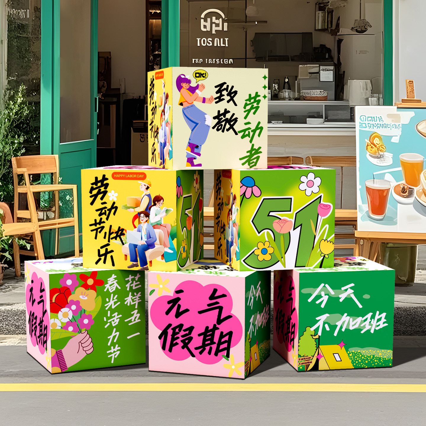 2026五一劳动节氛围布置装饰场景51活动店铺商场拍照打卡地堆盒子