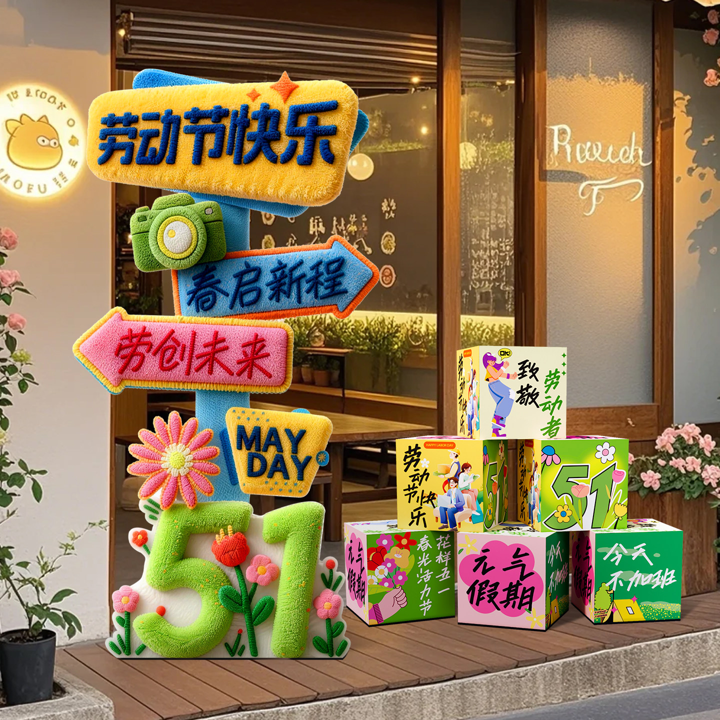 51五一氛围布置装饰劳动节场景珠宝服装店铺活动kt板毛绒摆件立牌