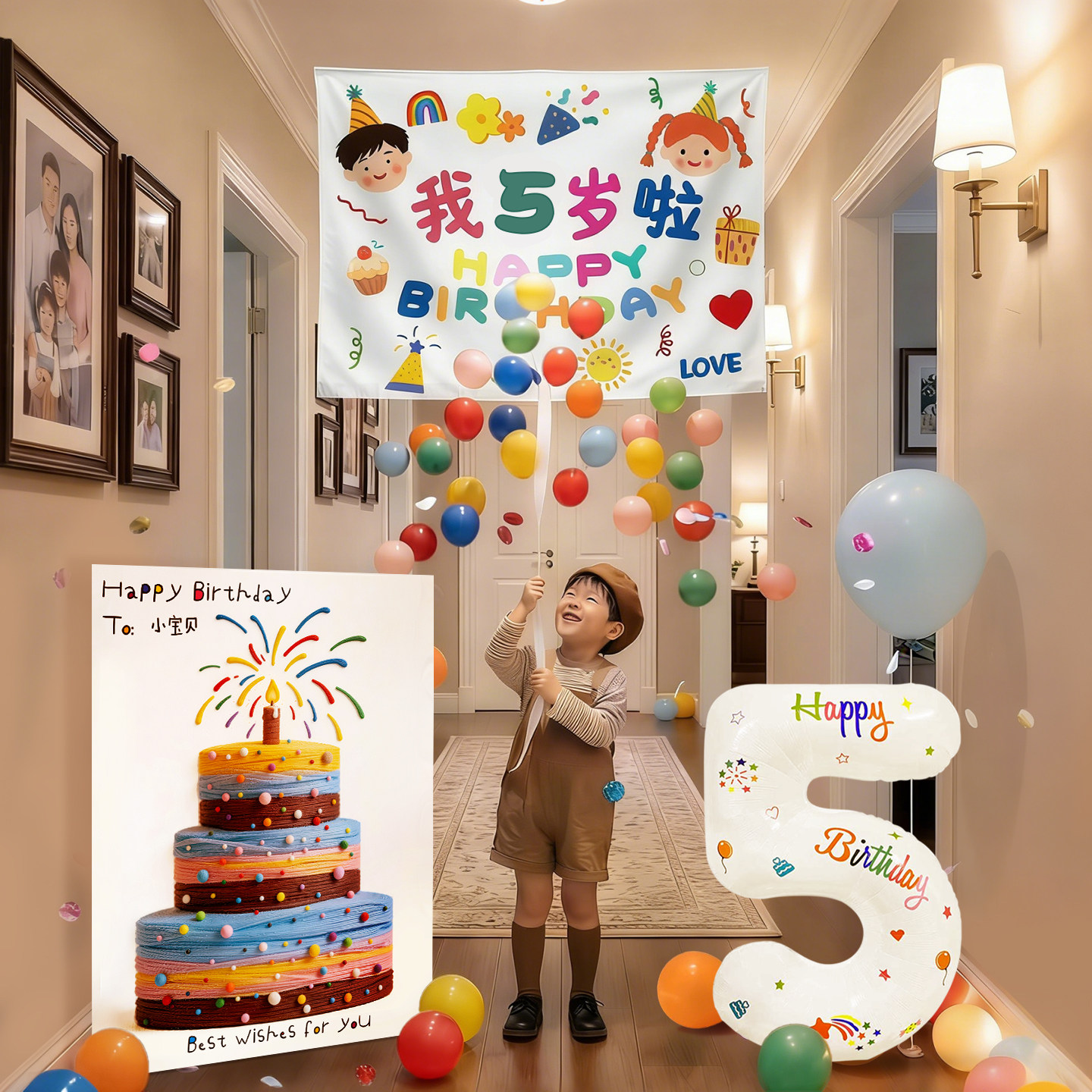 生日布置场景装饰5五岁儿童气球雨7岁男童小女孩家庭派对挂布4岁3
