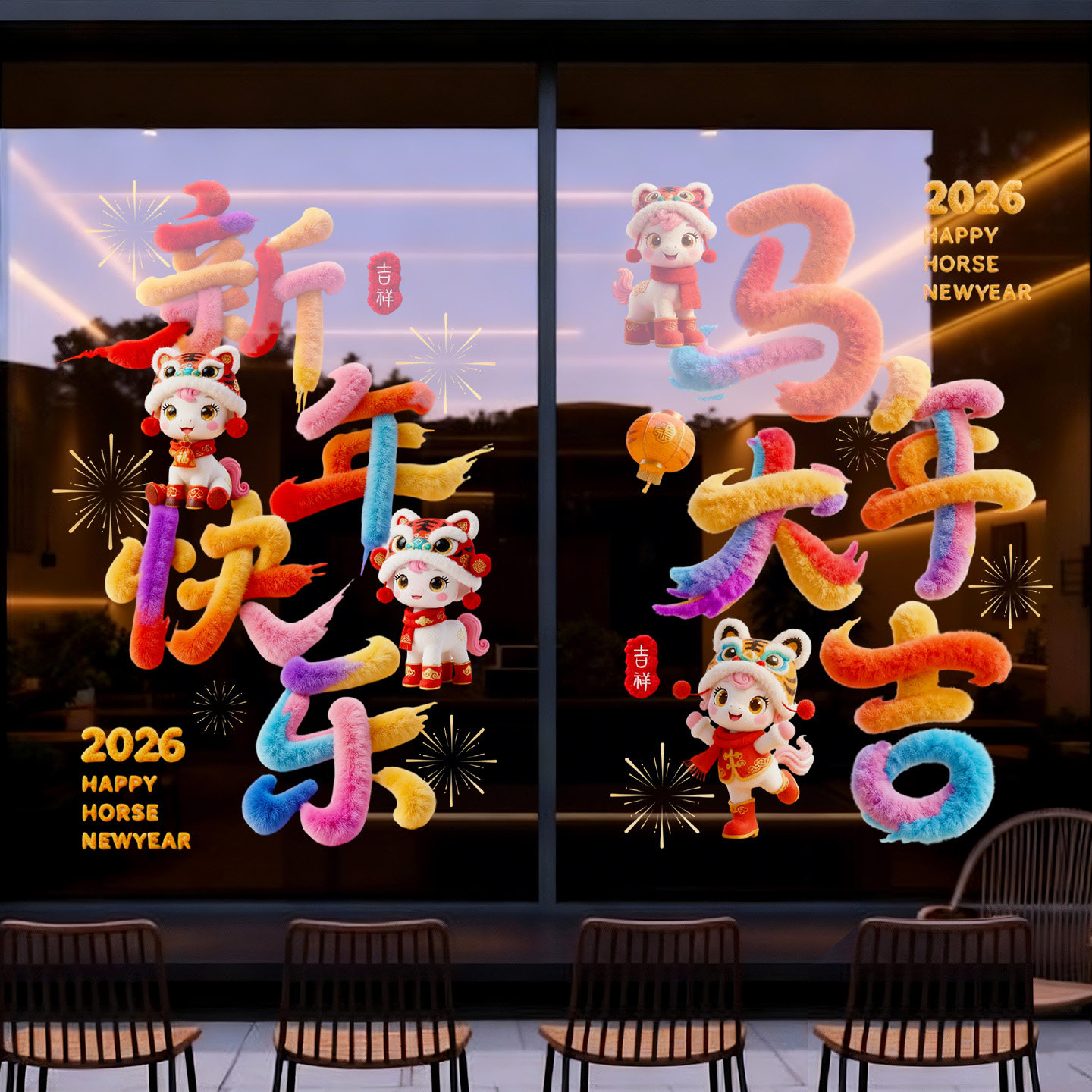 新年马年氛围布置装饰毛绒玻璃贴纸静电贴无痕贴商场2026春节喜庆,家居饰品,玻璃膜/贴,淘宝优惠券,粉丝福利购,淘宝优惠卷
