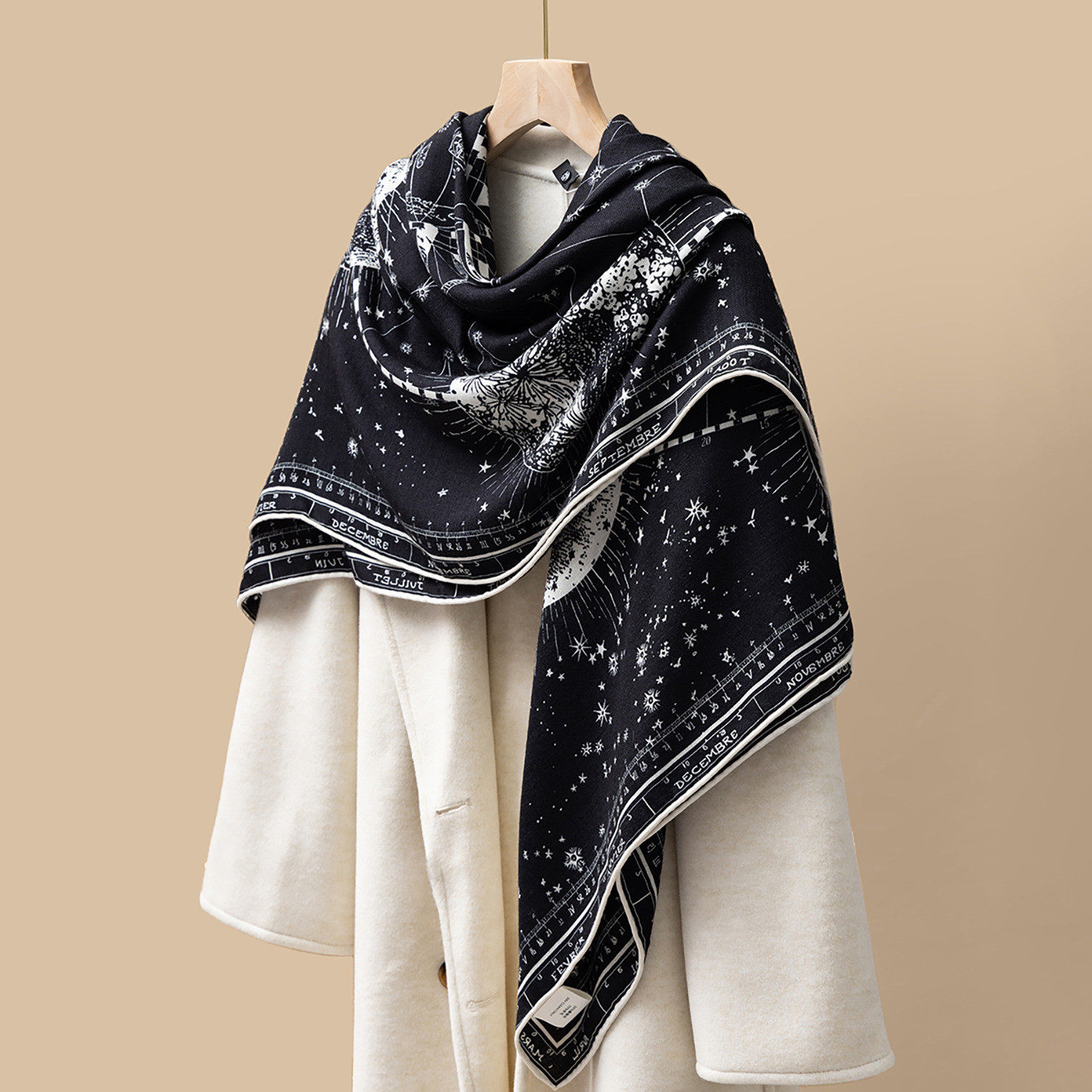 时尚印花真丝羊毛围巾女士冬季高级感厚款百搭气质保暖披肩大方巾