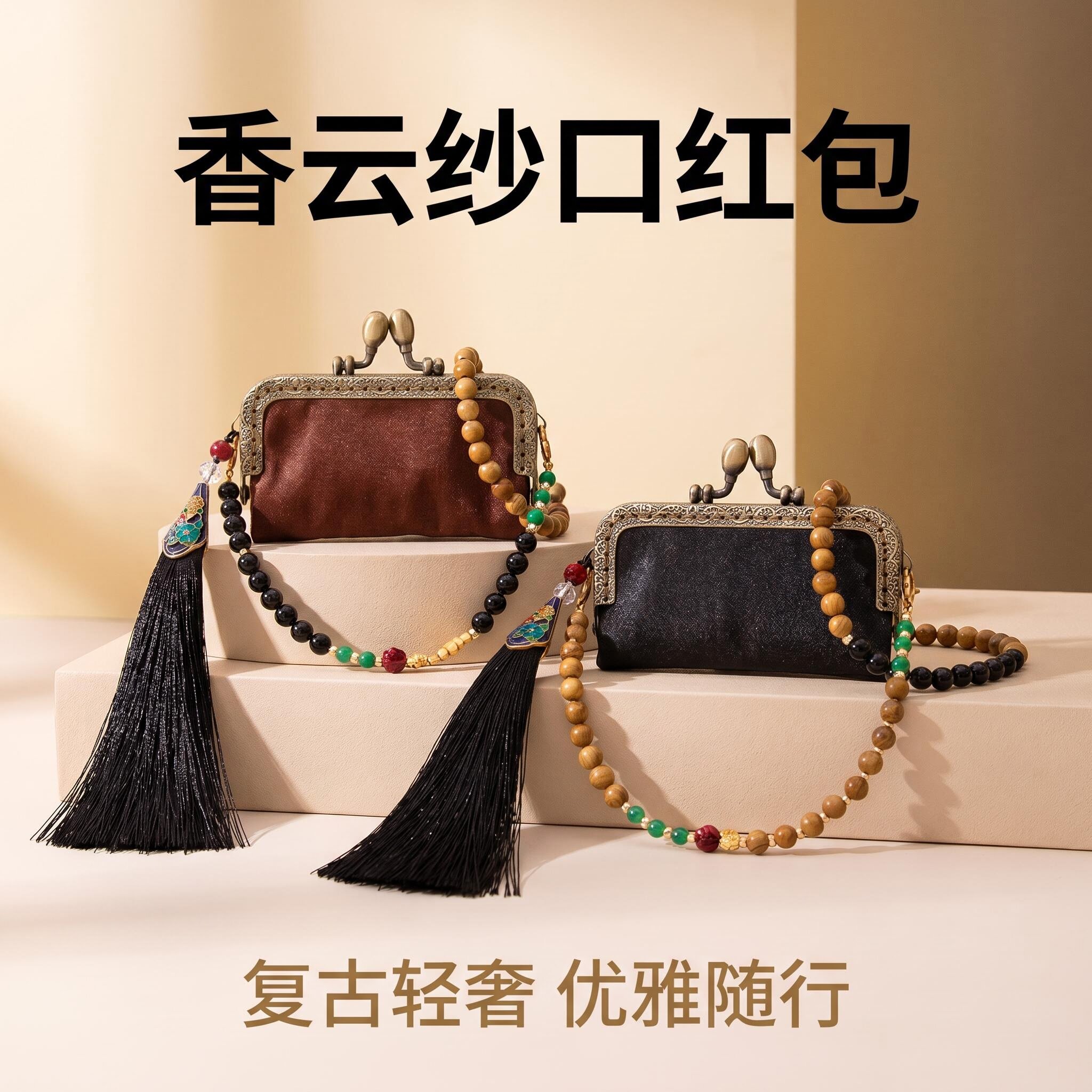 个性创意制作手工香云纱真丝饰品复古时尚口红包挂链中国风可斜挎