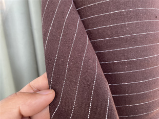 天然弹力深咖啡色条子亚麻布料休闲西装裤子裙子春夏面料栗色棕色