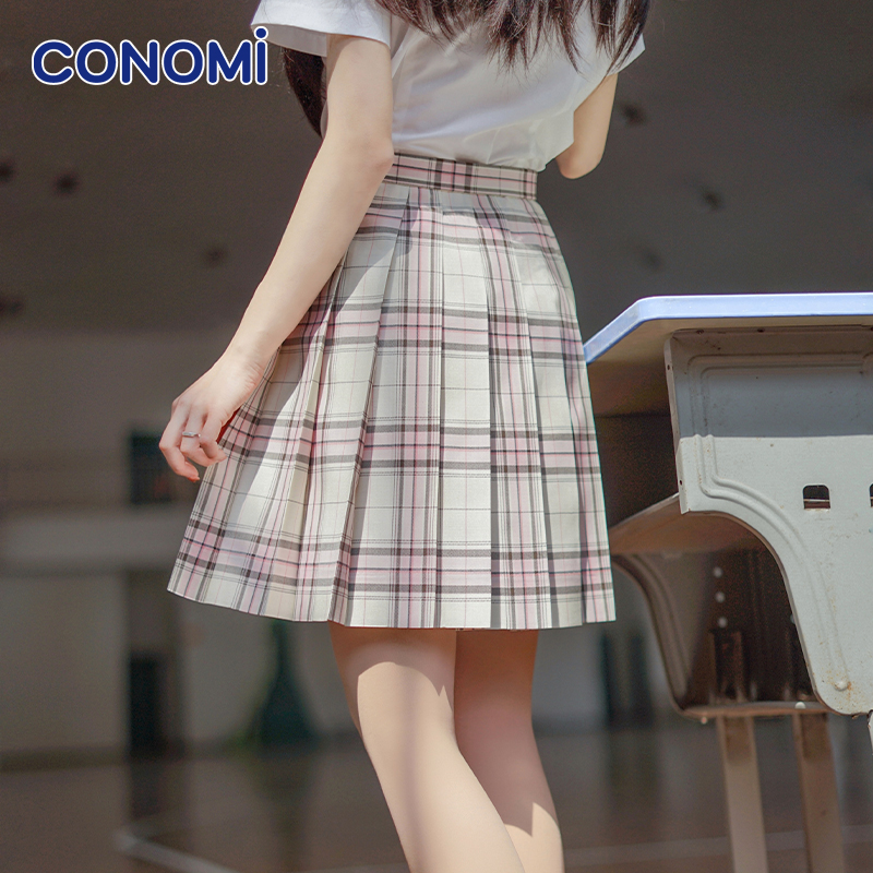 conomi日系甜美百褶裙1076学生jk制服裙正版仙女粉白格子裙半身裙