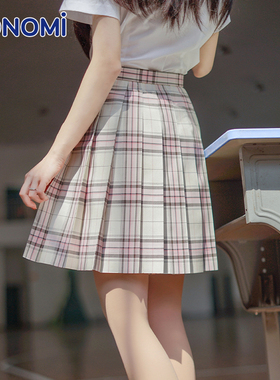 conomi日系甜美百褶裙1076学生jk制服裙正版仙女粉白格子裙半身裙