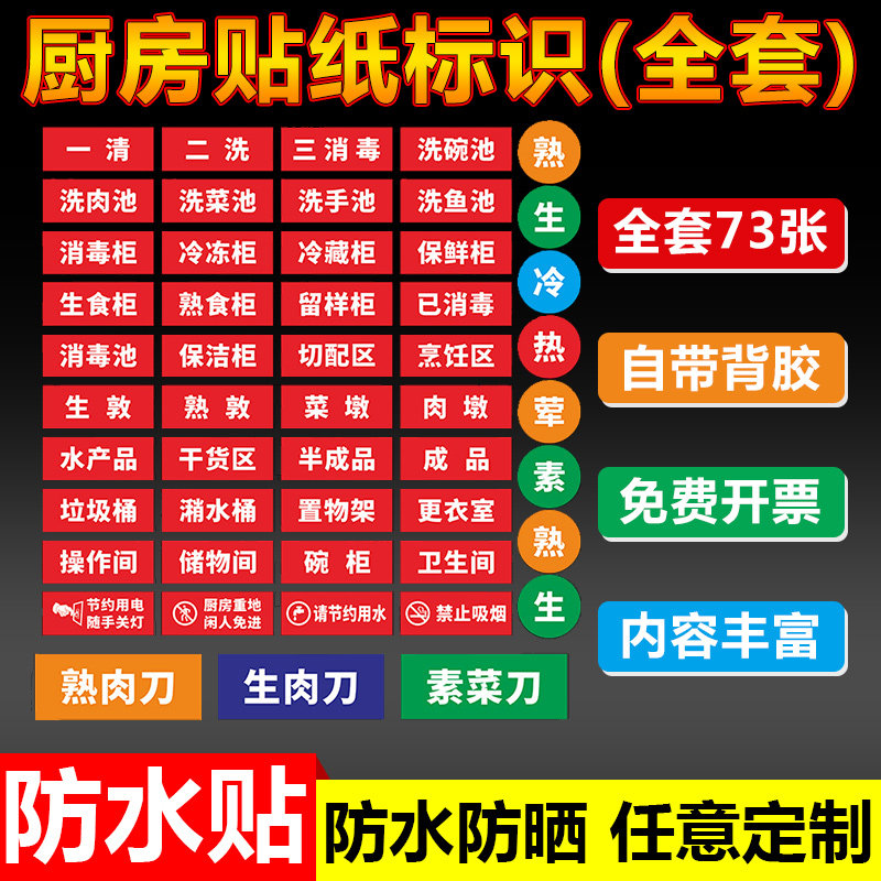 厨房操作区标识牌一清二洗三消毒餐厅幼儿园食堂洗碗池菜板洗碗间分类