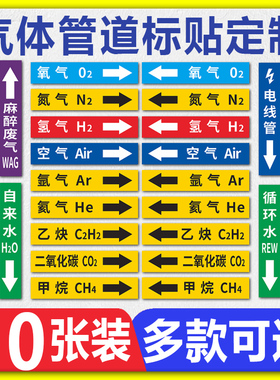 管道标识贴纸氧气二氧化碳氢气氮气氩气压缩空气甲丙烷国标医用化工气体管道介质流向不干胶箭头色环贴纸定做