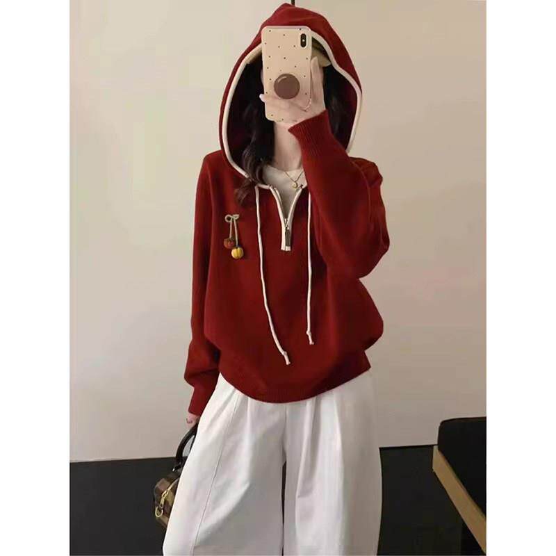 红色半拉链连帽正肩毛衣女2025秋冬新款胖mm针织帽衫卫衣过年上衣