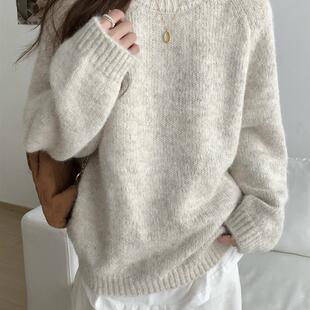 韩系慵懒风毛衣女秋冬季新款圆领软糯内搭宽松长袖套头针织衫上衣