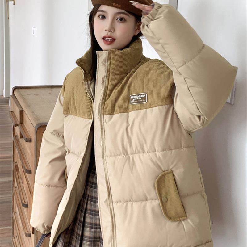 蓝色羽绒服女2025新款冬季短款面包服设计感小众灯芯绒外套女款