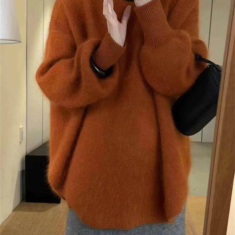 欧货慵懒风橘色浣熊绒毛衣女冬宽松中长款套头上衣气质减龄针织衫