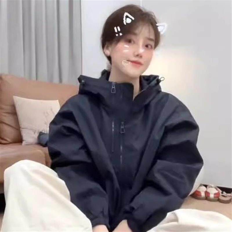 短款美式连帽冲锋衣外套女开春装新款2025宽松小个子休闲夹克上衣