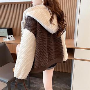 加绒加厚羊羔毛拉链连帽外套女秋冬新款初高中学生韩版宽松棉服潮