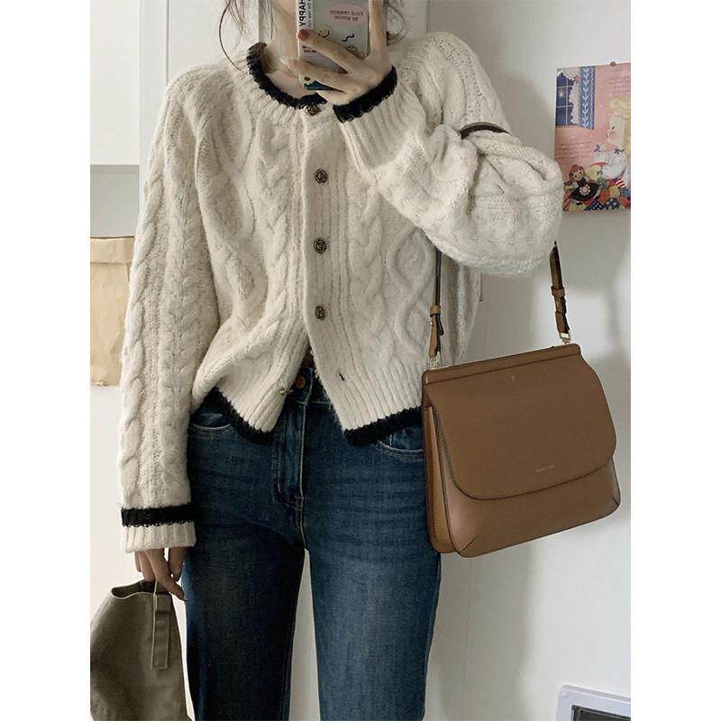 白色短款加厚毛衣春款女装2025新款外套慵懒风开衫针织衫春季上衣