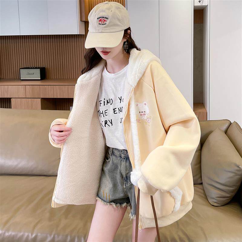 超好看羊羔毛卫衣外套女秋冬季加绒加厚棒球服初高中学生大童棉服