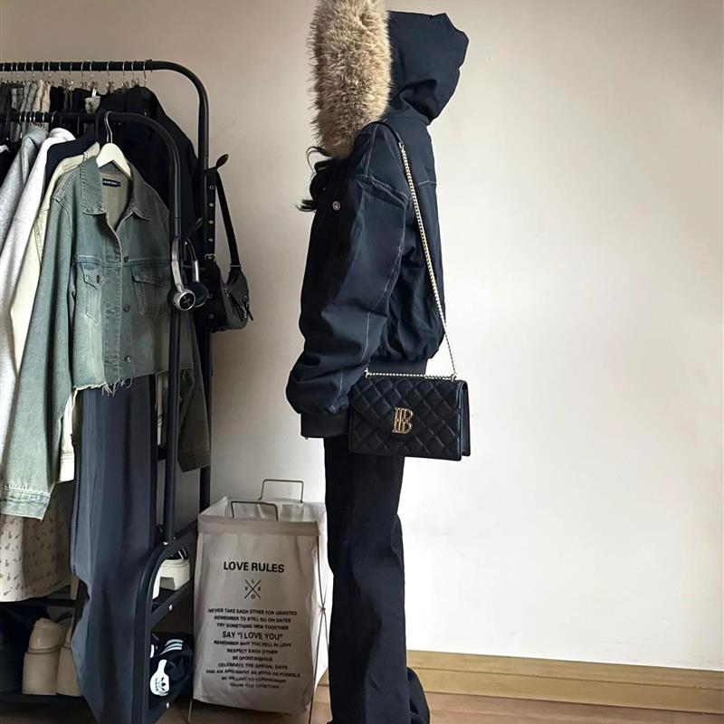 国潮座山雕大毛领棉服女2025冬季派克服宽松加厚加绒短款工装外套