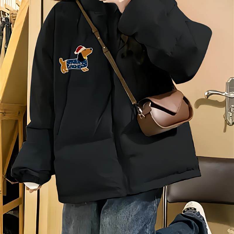 黑色加厚保暖立领羽绒棉服女大童冬季初中高中大学生宽松外套棉袄