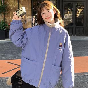 羽绒棉服女款2025新款羊羔毛刺绣棉衣韩系加厚学生小个子棉袄外套