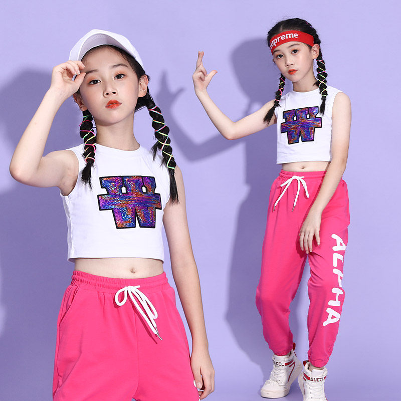 儿童爵士舞服装女童梯台走秀表演服幼儿园露脐舞蹈服啦啦队演出服