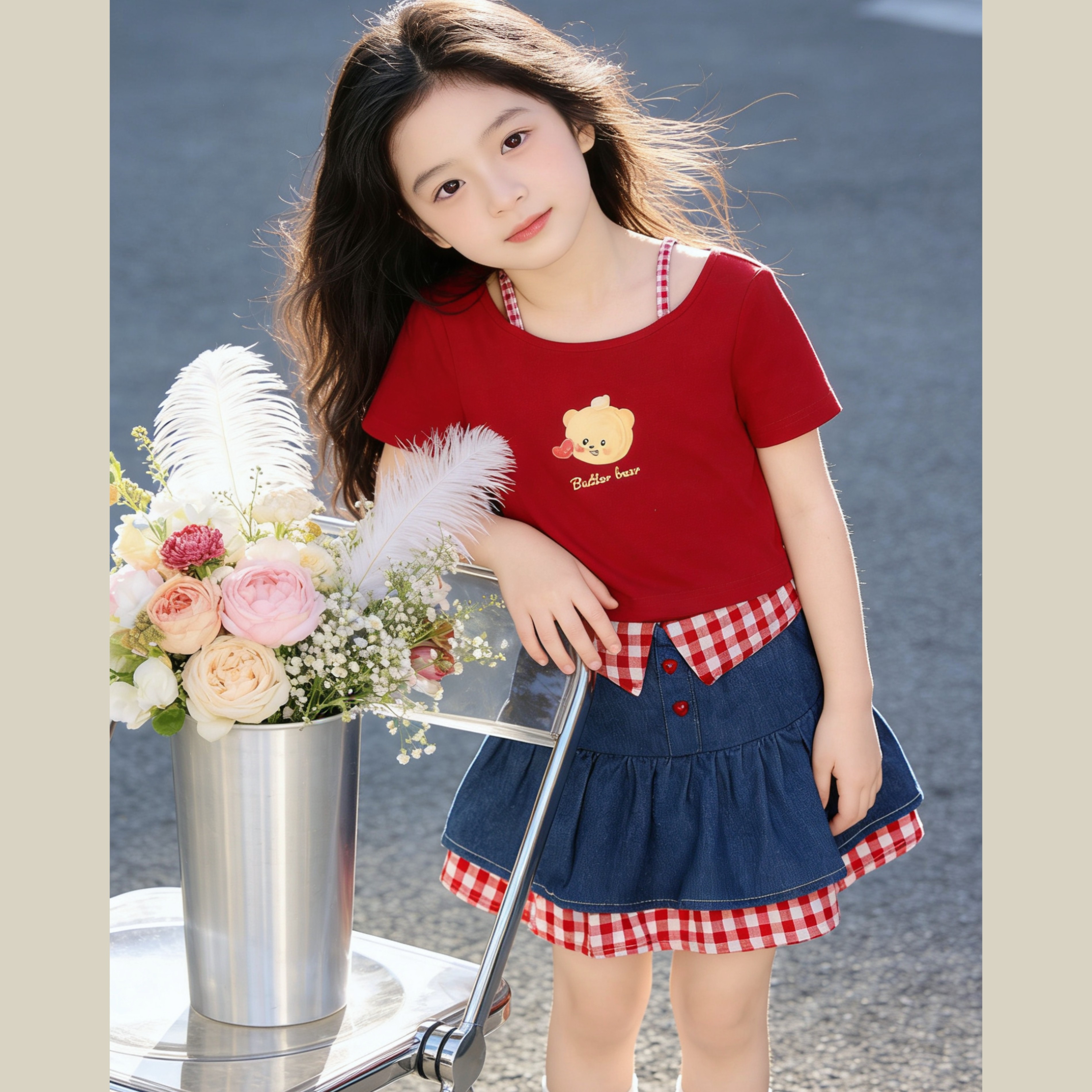 女童夏装套装2026新款儿童洋气时髦卡通印花短袖牛仔半身裙两件套