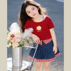女童夏装套装2026新款儿童洋气时髦卡通印花短袖牛仔半身裙两件套
