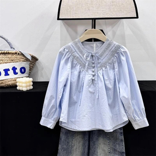 女童长袖衬衫2025春季新款小女孩复古洋气上衣百搭休闲衣服衬衣潮