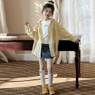 女童衬衫韩版2026春季新款时尚纯棉连帽格子长袖上衣儿童洋气百搭