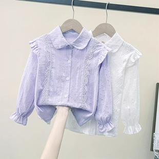 女童衬衫长袖儿童上衣花边娃娃衫春秋2025新款女孩纯棉白衬衣童装