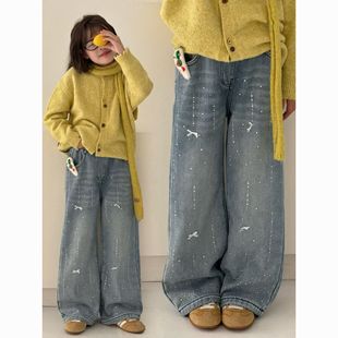 女童牛仔裤秋冬款2026新款初中生加绒宽松直筒裤女大童装烫钻裤子